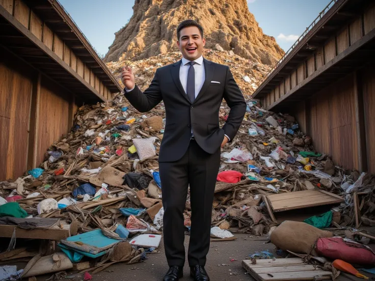 A handsome man won by playing Texas Holdem，Very excited ， laughed very happily by the garbage heap 