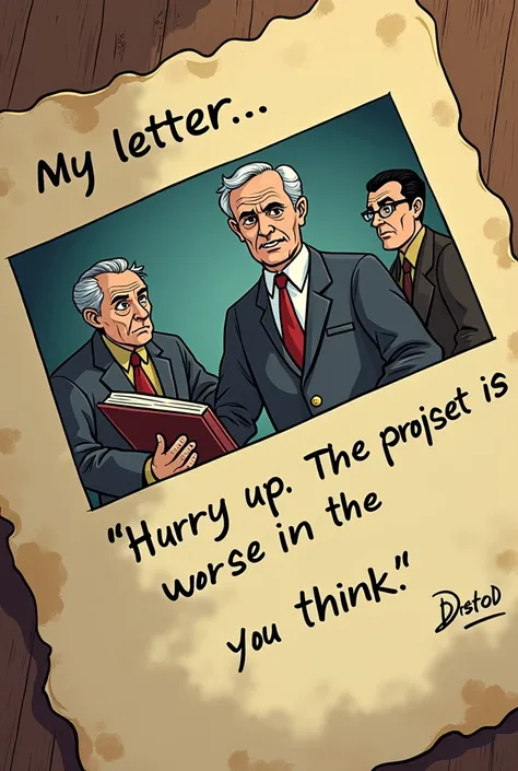  Close-up of the letter contents: a photo of his father with two unknown scientists. His father is holding a book, and there’s a cryptic note: *“Hurry up. The project is worse than you think.”* comic cartoon vibe