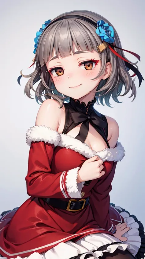 (((solo))), 1 woman, Sakuya Kurobane, sakuyaunif, kurobane_sakuya, (brown eyes), short hair, grey hair, black hairband, blue hair flower, red eyeliner, blush, smile, beautiful chest, medium chest, (upper body), santa claus