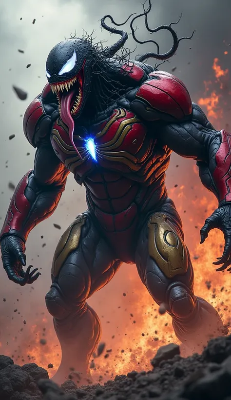 Prompt:
A terrifying and enraged hybrid creature combining traits of Venom and Iron-Man. The creatures body is a grotesque mix of black, oozing, symbiotic material from Venom, intertwined with sleek red and gold metallic armor resembling Iron Mans suit. It...