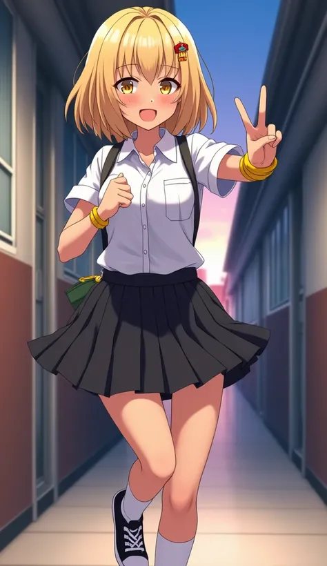 masterpiece,  top quality ,  High Definition ,  very detailed,((( blond girl))), ((( Japanese Anime ))), ((( short hair ))), ((( brown skin next to a woman))), (((White dress shirt))), ((( Black Pleated Skirt))), (((White socks))), ((( black sneakers ))), ...