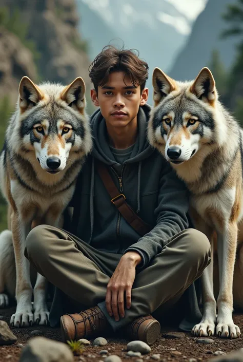 Young man sit side by side with group of wolf