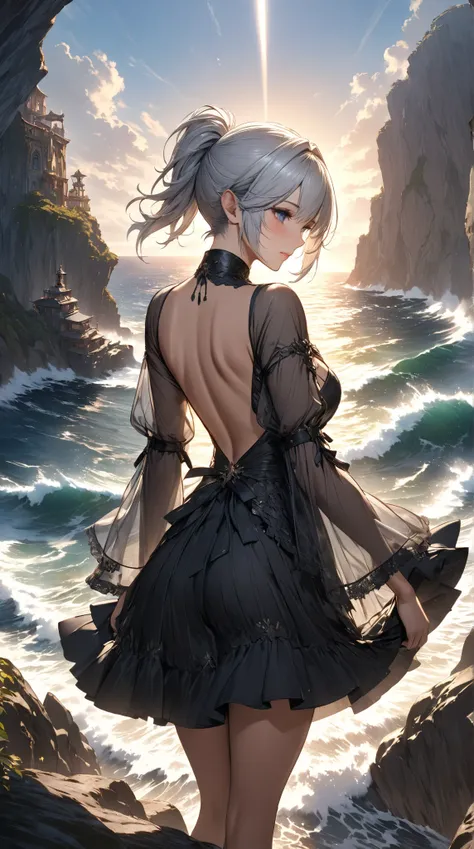 oil、 1 elf woman、 holding a star 、Age 30、alone、Short Ponytail with Silver Hair 、black skin fabric、backless see-through sleeves  、tiered skirt 、On a Cliff by the Rough Sea 、 spectacular views、Strong sunlight、Fantastic Depiction of Light 、masterpiece、 very d...