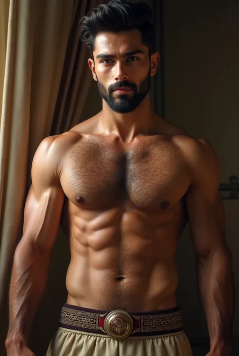 Shirtless rajput prince, six pack abs breaSt,hairy chest, hairy body, hot dashing quiff haircut underwear masculine young , short boxed beard