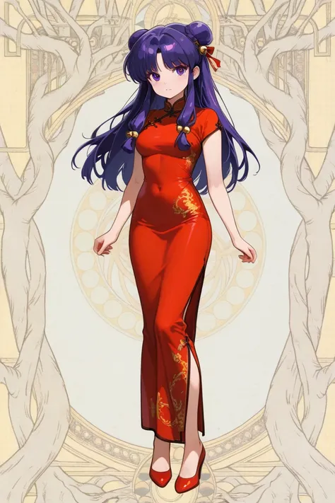 (solo:1.3),1girl(shampoo, character of anime(Ranma1/2),cute,sexy, long hair, looking at viewer, bangs, simple background, hair ornament, white background, dress, purple eyes, full body, purple hair, sidelocks, hair bun, bell, double bun, chinese clothes, s...