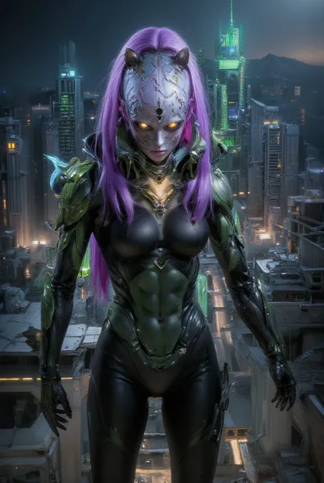 In a magic style, a futuristic cityscape at night serves as the backdrop for a striking figure. A large, robot-like figure stands at the center, its appearance skull-like, with a green suit and long purple hair flowing in the wind. The robots head is a maz...