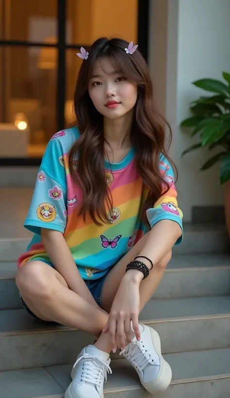 Cinematic photorealistic of a beautiful Indonesian woman with a pure white face, warm expression, and flowing brown hair with Korean style bangs, and wearing cute hair clips. He sat on the steps of a luxurious house with one leg raised on the floor of the ...