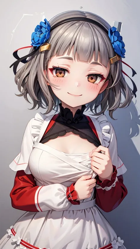 (((solo))), 1 woman, Sakuya Kurobane, sakuyaunif, kurobane_sakuya, (brown eyes), short hair, grey hair, black hairband, blue hair flower, red eyeliner, blush, smile, beautiful chest, medium chest, (upper body), santa claus