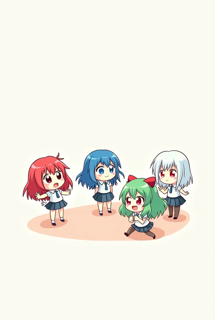 4 chibi girls, 1 red haired, 1 blue haired, 1 green haired, 1 white haired. all in their own corners, not touching eachother. doing different poses