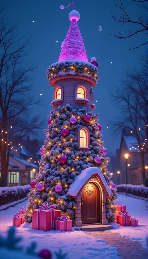  Christmas decorations on the Rapunzel tower 、 On the ground {x} On the ground, Rapunzel wears a Santa Claus hat and adorns the foot of the tower、 There are lots of gift boxes placed all over the ground 、 Lots of tree ornaments roll on the ground purple 、 ...