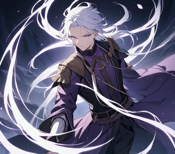 A gentle looking man with purple eyes and white hair mixed with purple. Dressed in a high-level adventurers outfit.