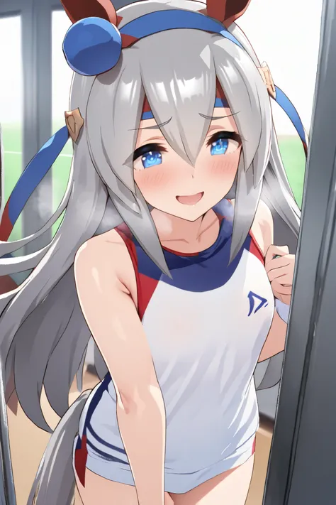 NSFW,masterpiece, top quality , High Definition , very detailed, tamamocross (Uma Musume)、Horse&#39;s ears、 ear covers、 horse tail、Gray Hair、 long hair、 hair bow、 hair between eyes、 blue eyes、 hair ornament、 headband,sportswear,smile,blush,Heavy breathing,...