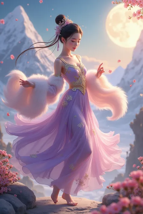 china goddwss With a delicate and beautiful kind sweet face, with a aura beauty starlight around her dress , her doing danceing near fox, flowers , rock ,expression,sharp eyes,Magic , wear chinese 1840s charming purple pastel  gold giltter with big fur fox...