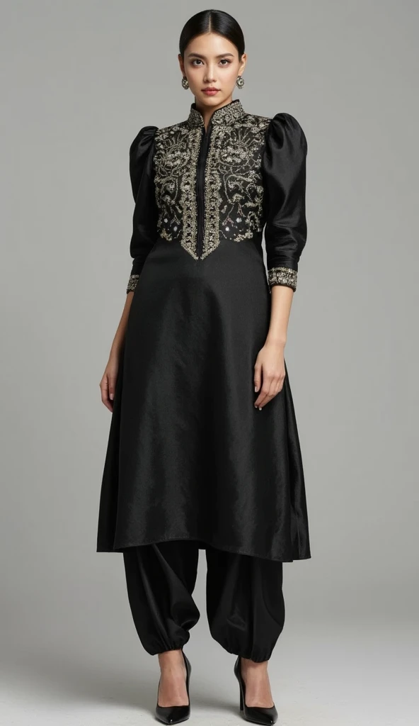 a tall and striking woman exudes confidence and charm with a flirtatious expression. She is adorned in a stunning punjabi style slimfit outfit featuring a arabian shimmer satin foil black fabric silver shiny kundan work with high neck kurti paired with a m...