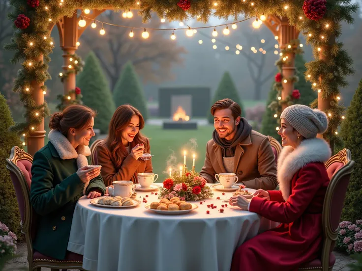 A tea  in the garden Europe style on Christmas, have trees, flowers around , Sparkling lights, warm space