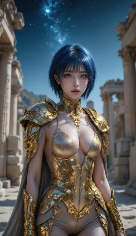 In this ultra-realistic photo shoot, a beautiful Korean girl is captured in a stunning pose amidst ancient Greek ruins. She wears shiny golden metal armor inspired by Saint Seiya, specifically the Cancer armor, which gleams under the night sky. Her short, ...