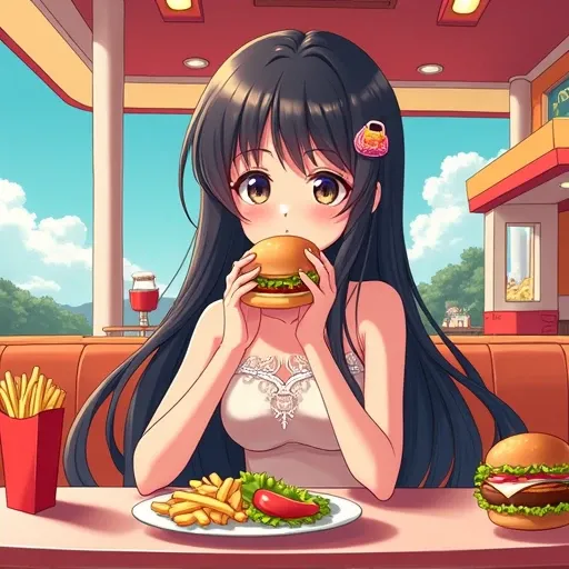 a young beautiful girl eating fast food on a restaurant table, anime game style with bold outlines