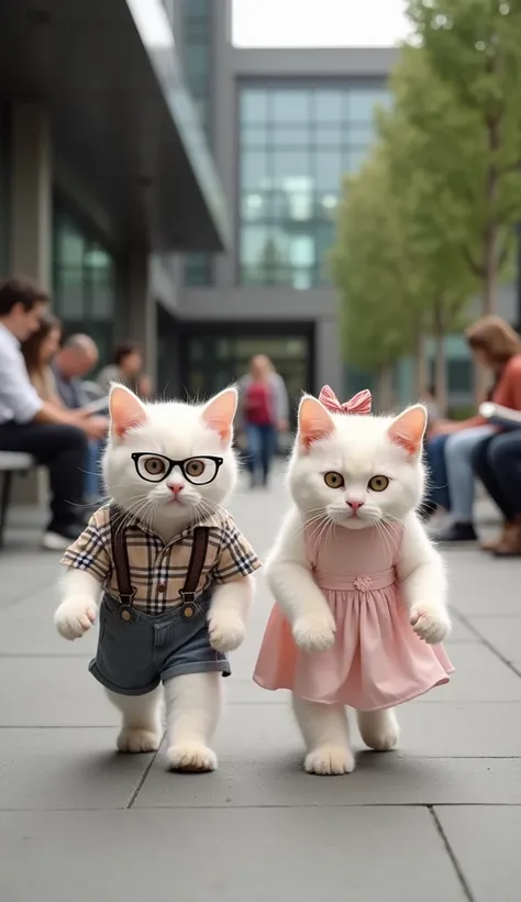 Baby Cats Walking Upright on a City Library Path
Two white baby cats are walking upright and forward along a pathway to a modern city library. One wears a plaid shirt with suspenders and glasses, while the other sports a pastel pink dress with a matching b...