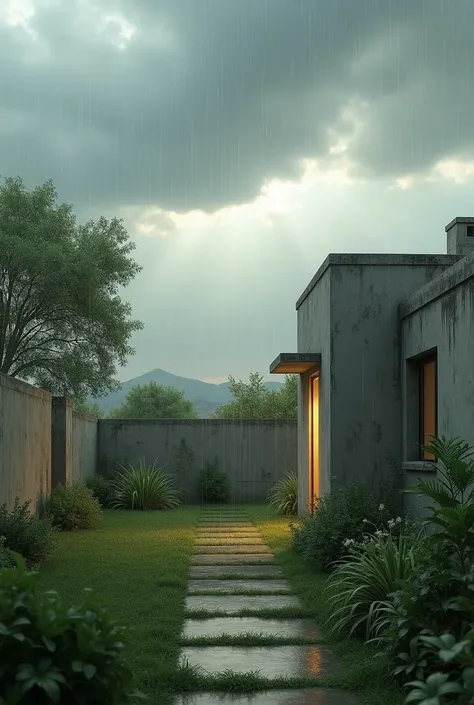 Small,one floor Old House made of concrete on the right in middle east with open flat green garden in left side that is surrounded with low concrete wall,with pouring rain and the sky is half ligh