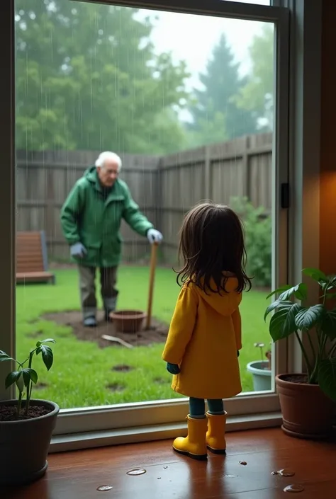 Sentence: *One rainy afternoon, Mia watched her neighbor, Mr. Carter, planting a tree in his yard.*  
**Prompt 1:**  
Create a Disney Pixar style medium shot of a young girl, Mia (, with shoulder-length brown hair, wearing a yellow raincoat and boots), sta...