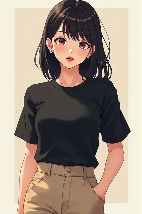 Anime girl wearing black shirt and red lipstick. She is wearing beige pants 