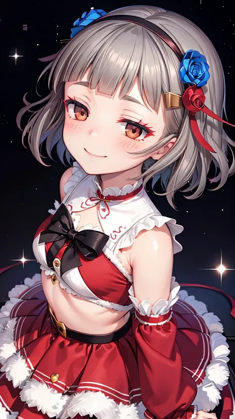 (((solo))), 1 woman, Sakuya Kurobane, sakuyaunif, kurobane_sakuya, (brown eyes), short hair, grey hair, black hairband, blue hair flower, red eyeliner, blush, smile, beautiful chest, medium chest, (upper body), santa claus