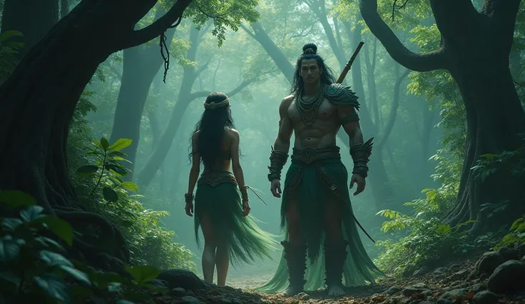 Create a very beautiful and dashing mysterious image of naagkanya ulupi in dark forest with heavy muscled and very handsome Arjun of Mahabharat full HDR and 8k resolutions 