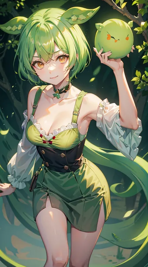 Green hair，short detailed hair，Bitgirl，，Overlooking，young， orange eyes ，Shoulder，clavicle，Smile，cleavage，(Off-the-shoulder attire 1.2)，libraryai，White tight clothes