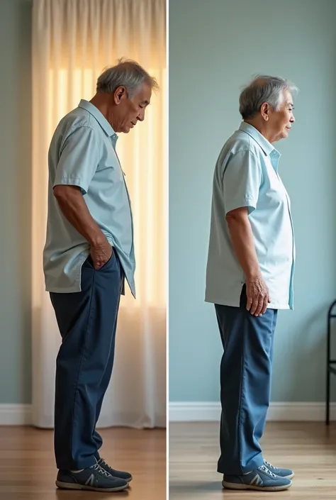 A before and after back joint pain image for Indonesian audience 