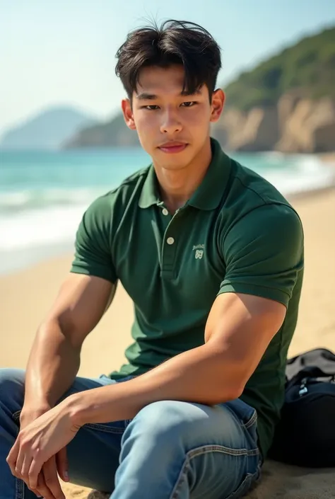 ภาพจริง,แสงธรรมชาติ, ((realistic daylight)) , Young Korean man in a green polo shirt and jeans, A handsome,, (((Big arm muscles, tight breasts , Muscle Bundle, ))), muscular young Asian man looks at the camera. นั่งบนหาดทราย ชายทะเล เป้สีดำข้างๆ  