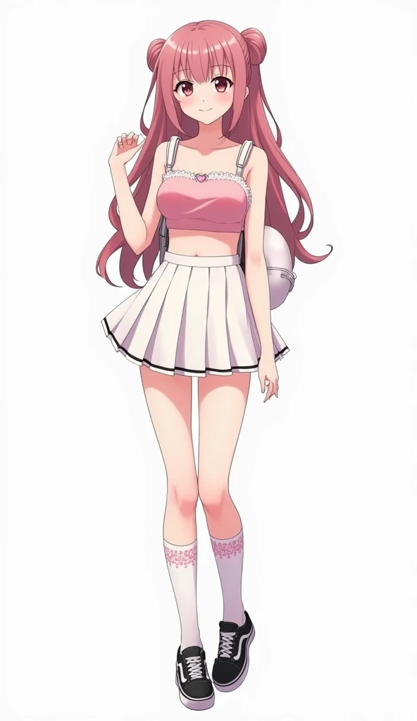 Anime adolescent woman with long loose hair with two pigtails in shades of pink wears a short top in pastel pink and showing her abdomen and with an elegant and feminine design. It has thin straps and a white lace trim on the upper part that adds a romanti...