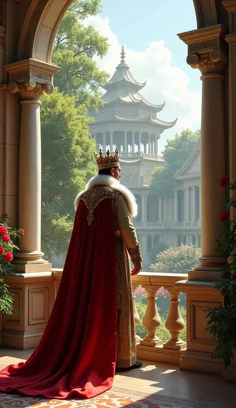 A majestic  king standing on a balcony overlooking a well-maintained aviary. wearing a traditional  royal attire.