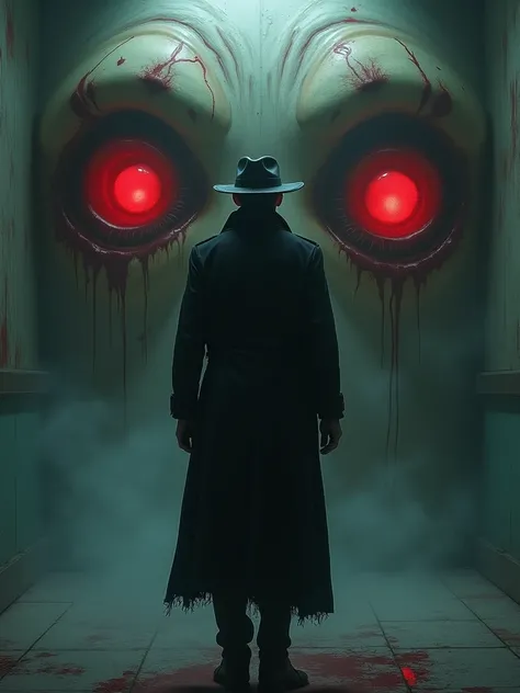  A man in a long black coat and leather hat is alone in a spooky hospital ward，There are three terribly huge blood-colored eyeballs behind。The atmosphere is gloomy and bloody 