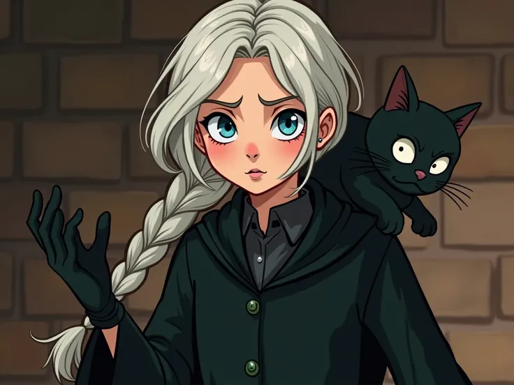 Create a Harry Potter character, a young girl, blue eyes, white hair, a single braid , A black robe, a Slytherin home schoolgirl, wearing black gloves, with a black cat perched on her shoulders, intense emotions projected in her eyes., Inquisitive, mysteri...