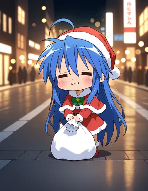 1girl, izumi_konata, :3, = =, chibi, gift bag, gift box, santa hat, santa_dress, fur-trimmed_capelet, street, cinematic lighting, bokeh, masterpiece, best quality, perfect anatomy, very aesthetic, amazing quality, high resolution, ultra-detailed, absurdres...