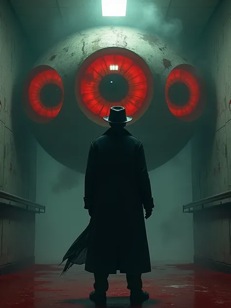  A man in a long black coat and leather hat is alone in a spooky hospital ward，There are three terribly huge blood-colored eyeballs behind。The atmosphere is gloomy and bloody 