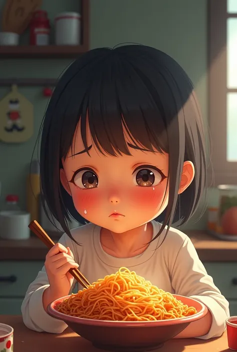 The girl was crying because the noodles were too spicy