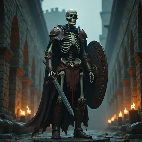 realistic skeleton, detailed skeletal structure,skeletal hands and fingers,skeletal feet and toes,skeletal ribs and spine,skeletal skull and teeth,rusted medieval armor,ornate medieval sword,medieval shield,leather belts and straps,burning torchlight,glowi...