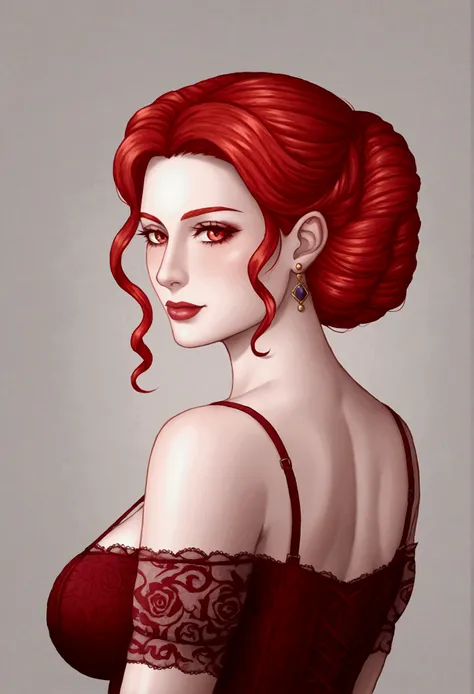 A strikingly beautiful Victorian noblewoman with flowing, fiery red hair cascading over her shoulders, her gaze both mysterious and commanding. Her alabaster skin glows faintly in the dim light, emphasizing her delicate yet strong facial features. She wear...