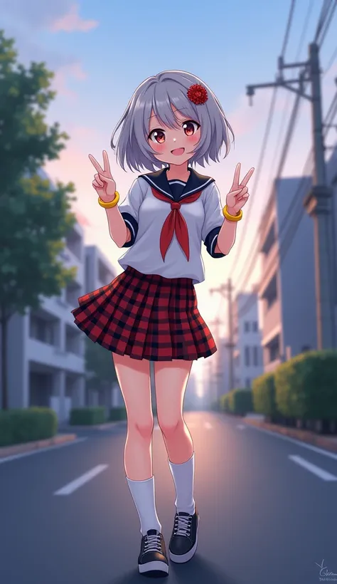 masterpiece,  top quality ,  High Definition ,  very detailed,(((pretty girl with gray hair ))), ((( Japanese Anime ))), ((( short hair ))), ((( sailor suit))), ((( red and black plaid pleated skirt))), (((White socks))), ((( black sneakers ))), (((yellow ...