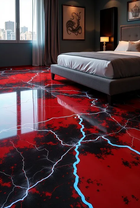 epoxy floor design using the color red black and silver for a bed room and blue veins included