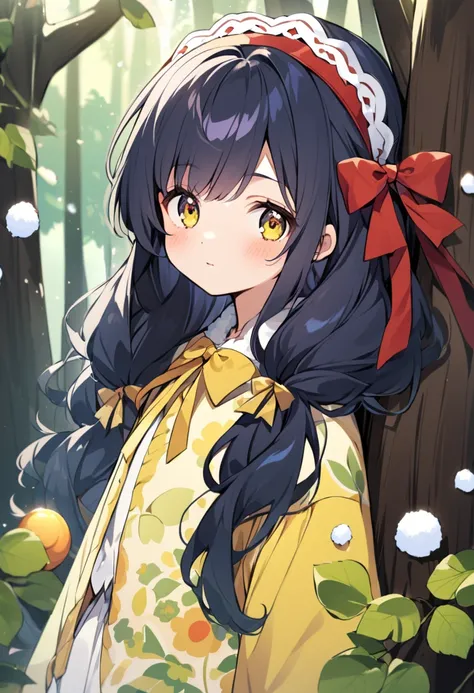 Colorful,hima(as snow white),girl,age 13,solo,dark blue hair,medium-long hair,cute,red-hairband-ribbon,eyes gazing,in forest through trees and leaves,blue and yellow outfit,cute,himawari uzumaki