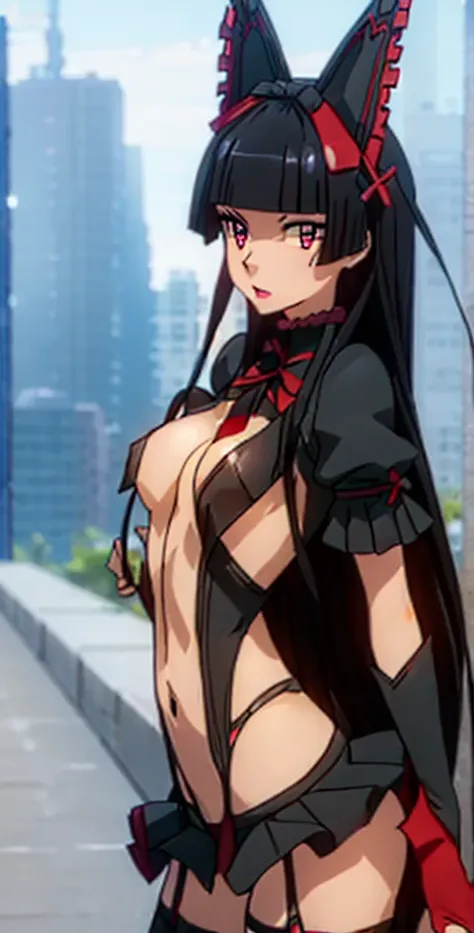 Rory Mercury, Rory Mercury, Black hair, blunt bangs, hime cut, hair ornament, black lipstick, very long hair, Pretty face, makeup, (small chest:1.2), (red eyes:1.5), BREAK Готическое нижнее белье, perfect body ( breasts:2.3) Hornny, Sexy, BREAK в полный ро...