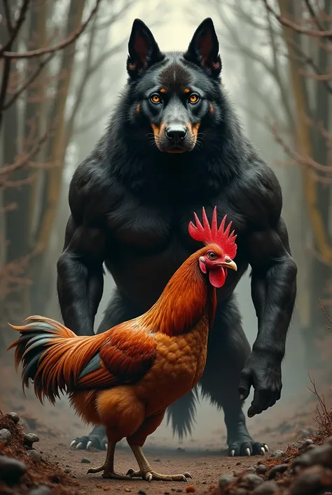 Dog and  hen standing together  with big body and dangerous look 