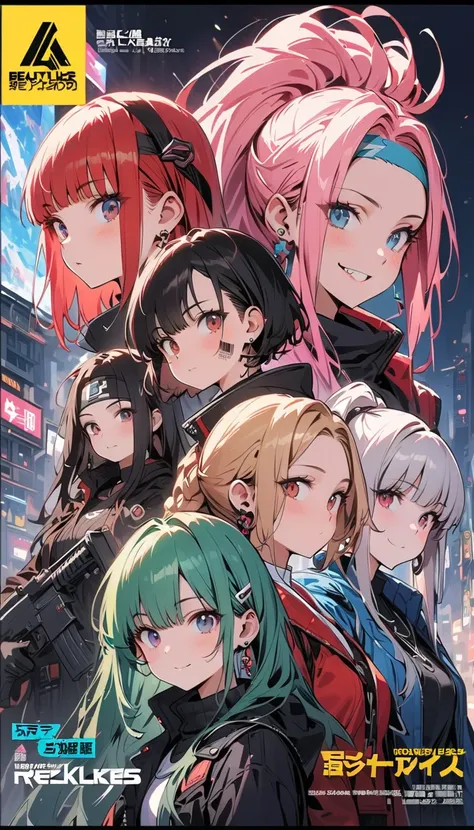 (Screen Split, created on 5 pages,game),( beautiful girl : 1.3),5 girls,(protective clothing,headband, earrings for women with first name, Assault Rifle),Blonde, black hair,Brown Hair, Silver Hair, red hair,Blue Hair,Green Hair,Pink hair, ponytail, bob cut...