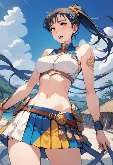 pt，pt，pt，pt，（ top quality ，4K，8k），pt、 ponytail，modern fantasy fashion，A scene from an anime，cool scene ， pleated skirt，Belly button， sleeveless tops ， asymmetrical design outfit，long yellow ribbon ， girl standing on an otherworldly prairie，blue sky，Adventu...