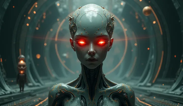  biotechnology , anatomy, Diagram, Maze pattern to be published,  humanoid, Dark World, 宇宙に多くの humanoid, Celestial Waves,（Light rays from the eye） space,  facing forward, Red light from the eyes,  the doll that looks like the woman in the middle、Its floati...