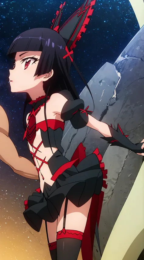 Rory Mercury, Rory Mercury, black  hair, blunt bangs, hime cut, hair ornament, black lipstick, hairlong, angry face, makeup, (small chest:1.2), (red eyes:1.5), break Gothic underwear, the perfect body (little chest:1.3) Hornny,  break in full growth, red s...