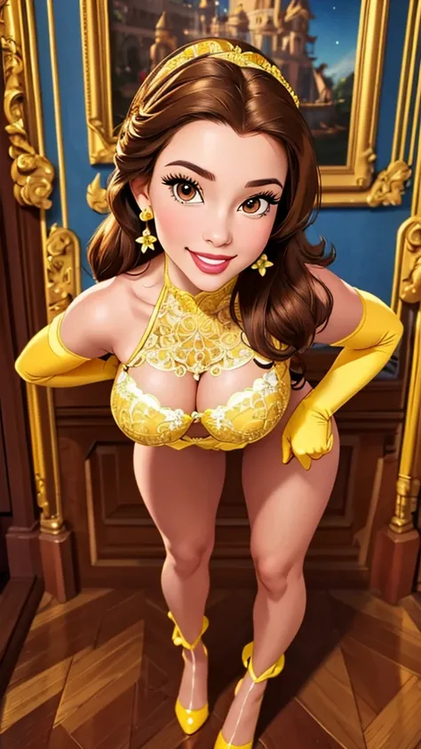 
belle, (full body), (masterpiece:1.2), (best quality), (ultra detailed), (8k, 4k, intricate), (highly detailed:1.2),huge breasts, smile, brown hair, gloves, yellow lingerie, brown eyes, jewelry, flower, earrings, elbow gloves, makeup, nsfw