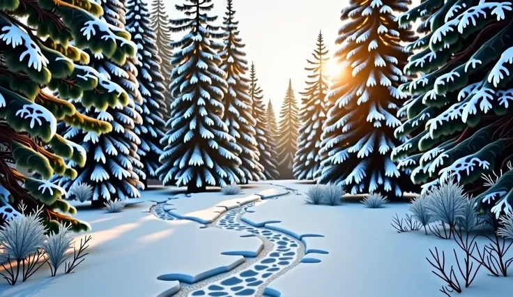 winter forest,snow-covered clearing in front of the forest,sunlight illuminates fir trees,realistic photo,detailed